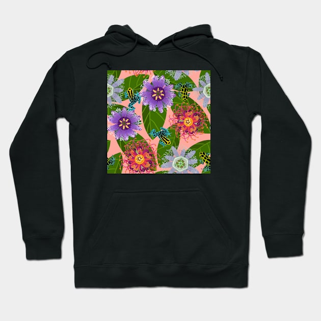 Pretty Poisons: Passionflowers and Poison Dart Frogs on Coral Hoodie by brittanylane